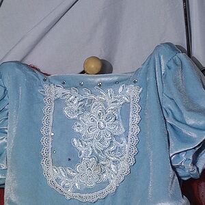 Blue Velvet Top with Lace Detail